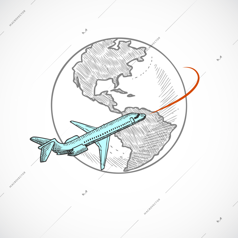 Aircraft jet flying around the globe sketch icon isolated on white background vector illustration