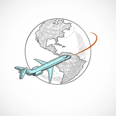 Aircraft jet flying around the globe sketch icon isolated on white background vector illustration