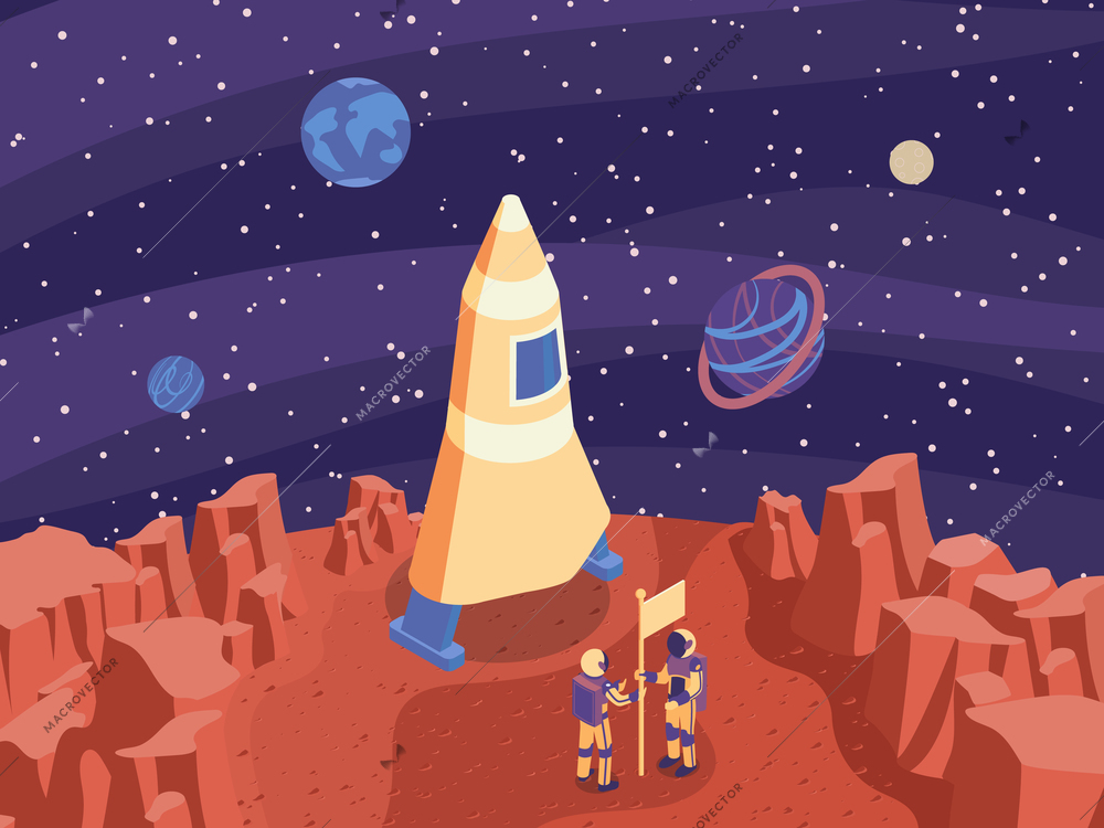 Isometric mars illustration with rocket on the mars and two astronaut set the flag vector illustration