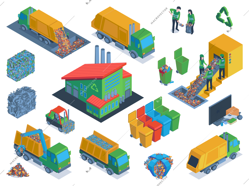 Isolated and isometric garbage icon set with steps of recycling transportation and separation vector illustration