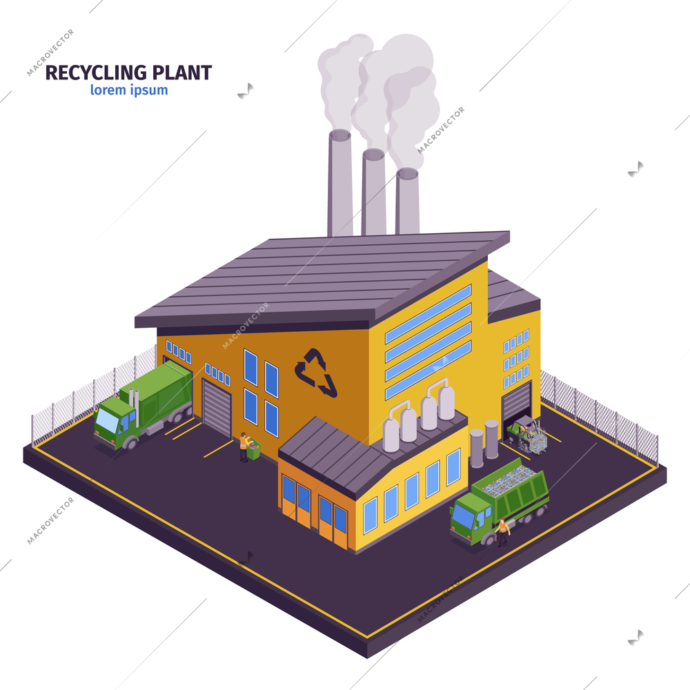 Isolated and isometric garbage illustration with recycling plant headline and modern building vector illustration