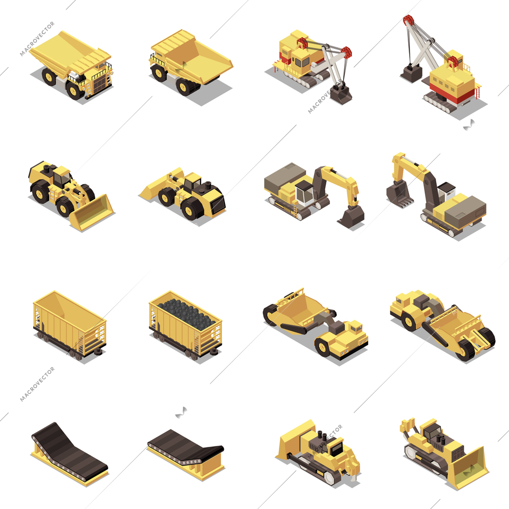 Mining machinery isometric icons set with dump trucks excavators carts isolated on white background 3d vector illustration