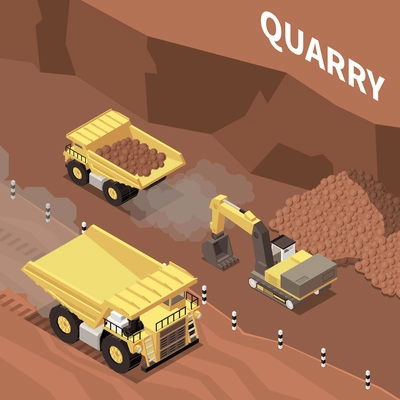 Mining machinery working in quarry 3d isomtric vector illustration