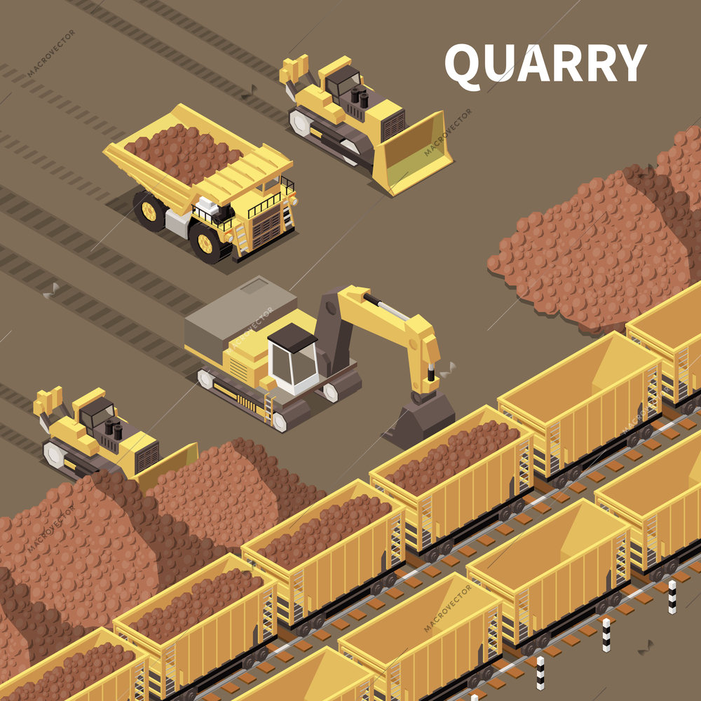 Mining machinery background with trucks and excavators loading rocks 3d vector illustration