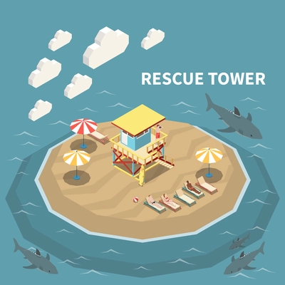 Lifeguard watching from rescue tower people lying on beach and sharks in sea 3d isometric illustration