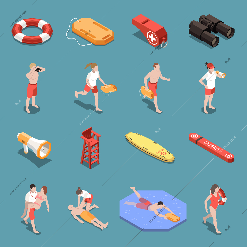 Isometric icons set with male and female beach lifeguards and their inventory 3d isolated vector illustration