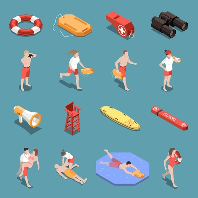 Isometric icons set with male and female beach lifeguards and their inventory 3d isolated vector illustration