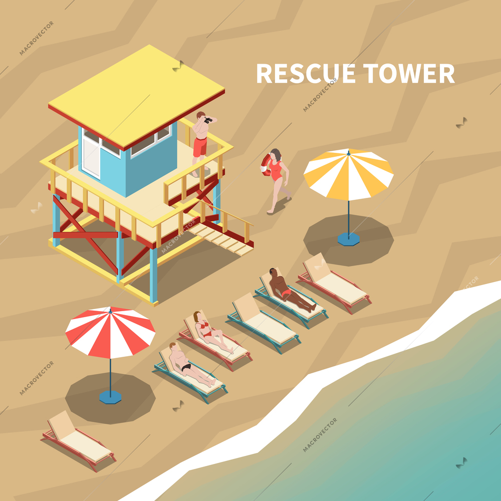 Lifeguard on rescue tower and people on beach 3d isometric vector illustration