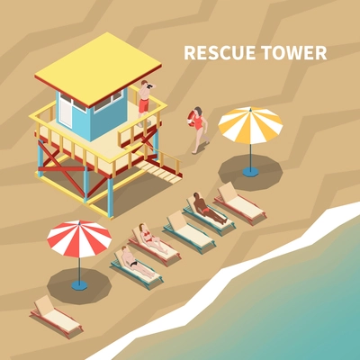 Lifeguard on rescue tower and people on beach 3d isometric vector illustration