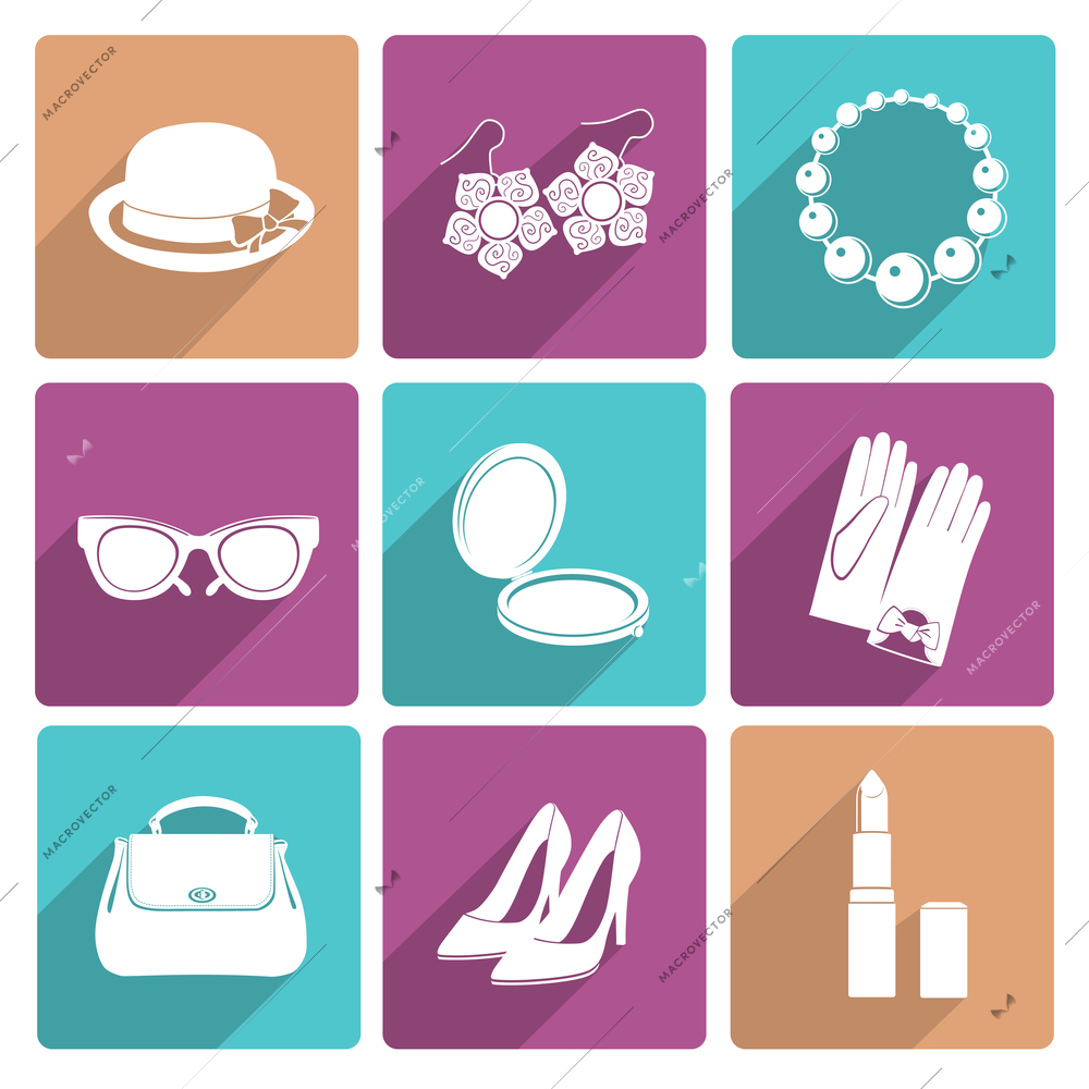 Woman fashion stylish casual shopping classic flat icons set of makeup footwear and accessories isolated vector illustration