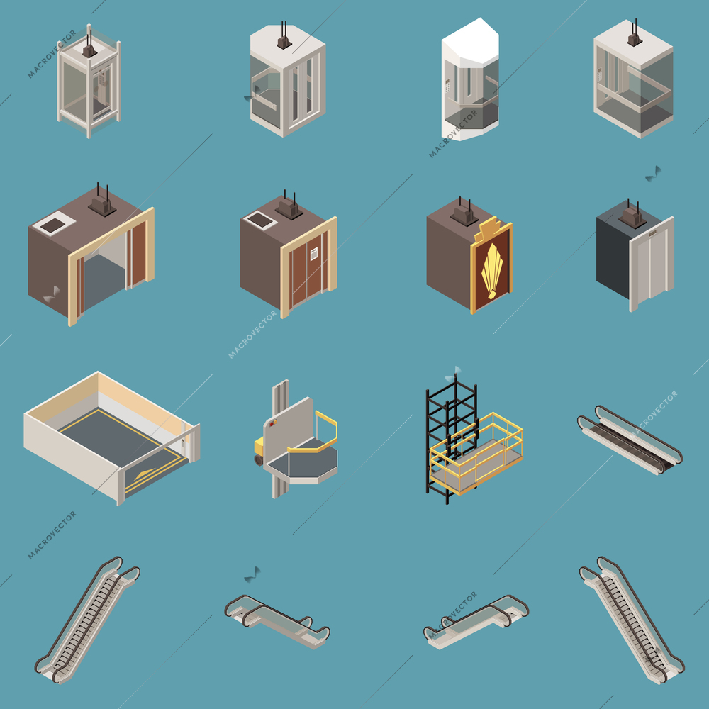 Isometric icons set with various lifts and escalators isolated on blue background 3d vector illustration