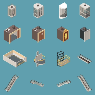 Isometric icons set with various lifts and escalators isolated on blue background 3d vector illustration