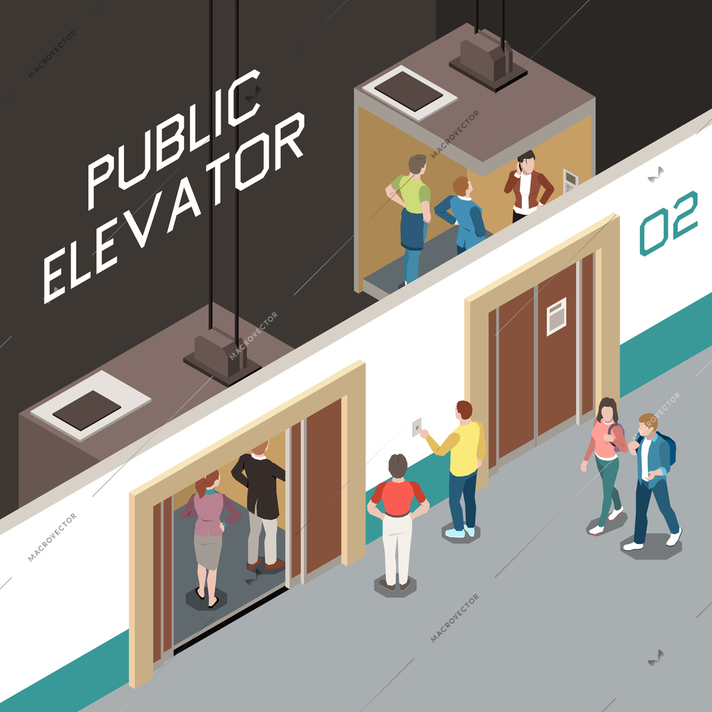 Isometric composition with lift shaft and people using public elevator 3d vector illustration