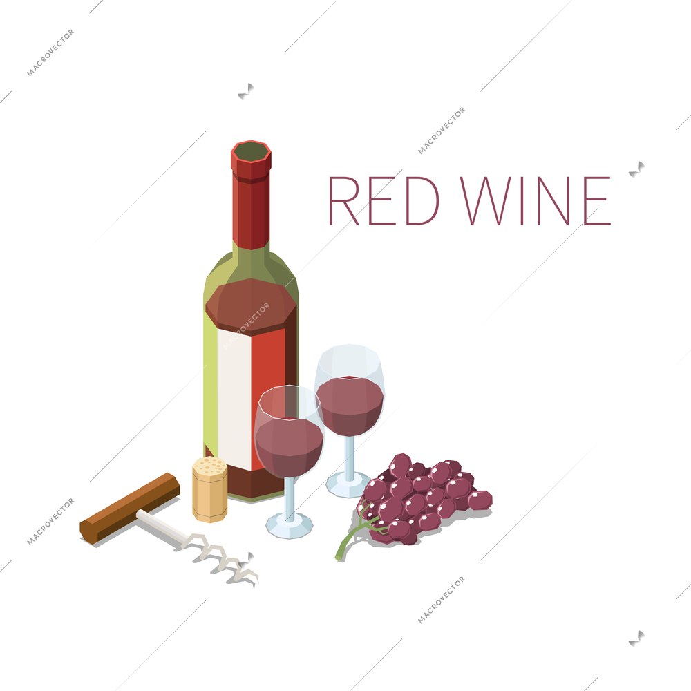 Isometric composition with bottle and two glasses of red whine bunch of grapes and corkscrew on white background 3d vector illustration