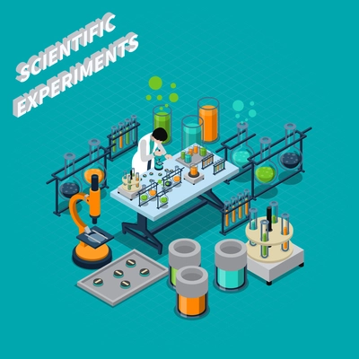 Scientist perfoming chemical experiments in laboratory isometric composition on blue background 3d vector illustration