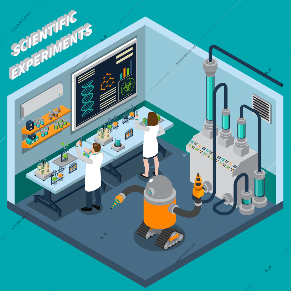 Two scientists working in laboratory with robot and various equipment 3d isometric vector illustration