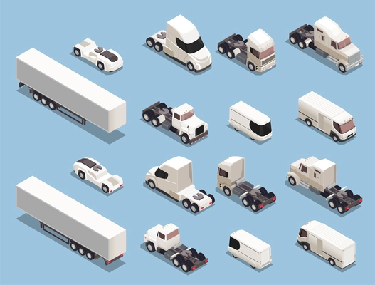 Auto transport freight commercial vehicles isometric icons set with trucks trailers lorries vans sport cars vector illustration