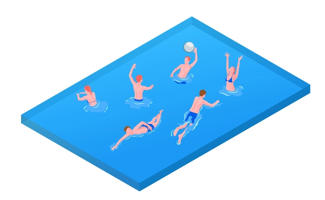 Aqua sports games recreation activities isometric composition with water polo mixed team payer throwing ball vector illustration