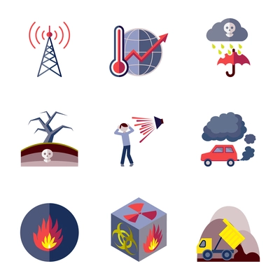 Pollution toxic environment damage and contamination flat icons isolated vector illustration