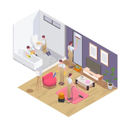 Professional cleaning service team at work vacuuming carpet furniture squeegeeing window washing disinfecting bathroom isometric vector illustration