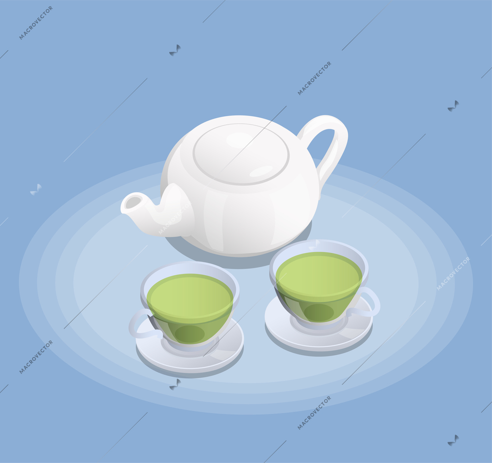 White ceramic teapot and two cups of freshly brewed green tea isometric composition blue background vector illustration