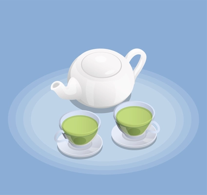 White ceramic teapot and two cups of freshly brewed green tea isometric composition blue background vector illustration