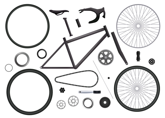 Bicycle parts set of isolated monochromatic images with bike elements for hand assembling on blank background vector illustration