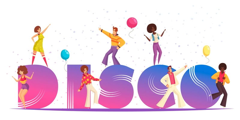 Disco party concept with retro celebration symbols flat vector illustration