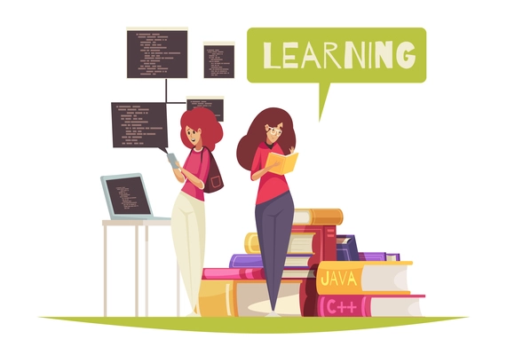 Programmer education concept with learning and reading symbols flat vector illustration