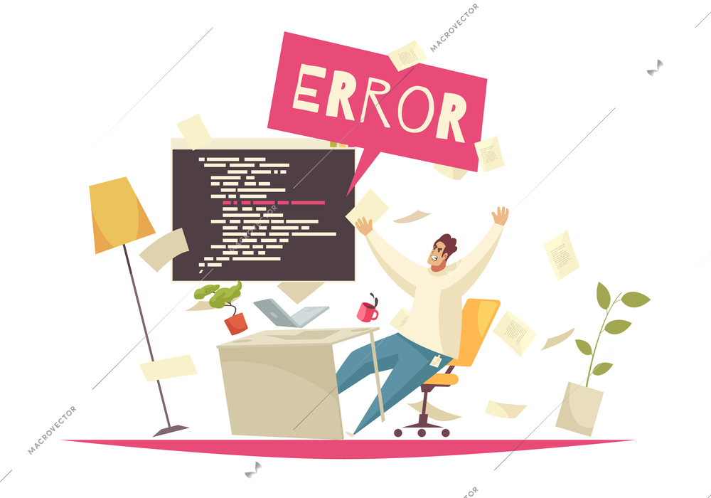 Programmer office concept with error searching symbols flat vector illustration