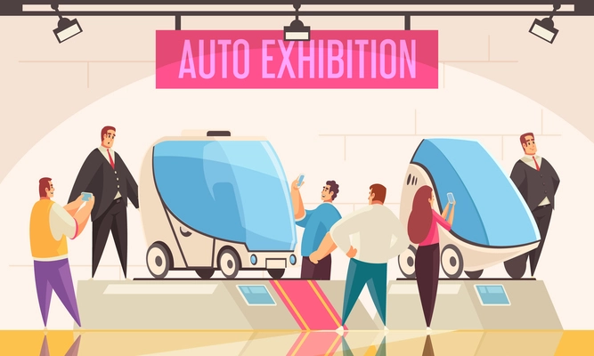 Expo stand Poster with auto exhibition symbols flat vector illustration