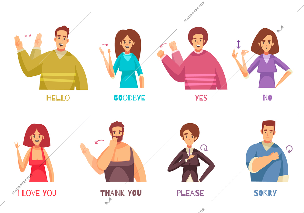 Sign language expressions set with people talking symbols flat isolated vector illustration