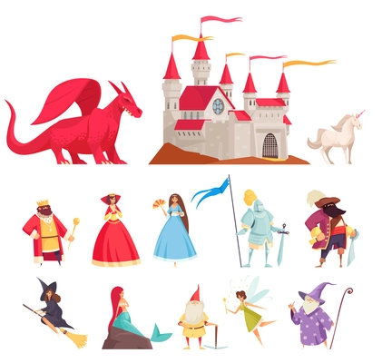 Fairy tale characters icons set with dragon and princess flat isolated vector illustration