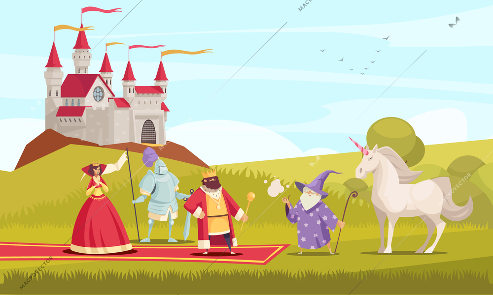 Fairy tale characters background with king queen and knight flat vector illustration