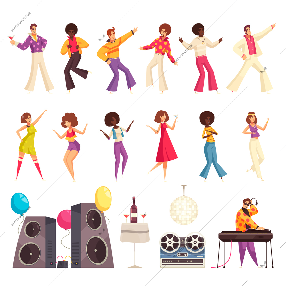 Disco party set with people dancing flat isolated vector illustration