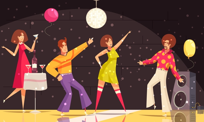 Disco party background with people dancing and drinking flat vector illustration