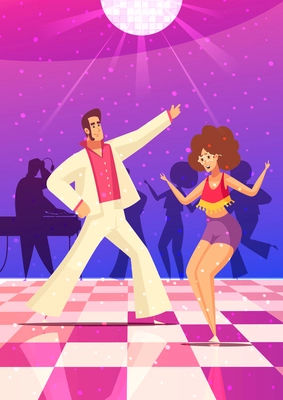 Retro disco party background with couple dancing flat vector illustration