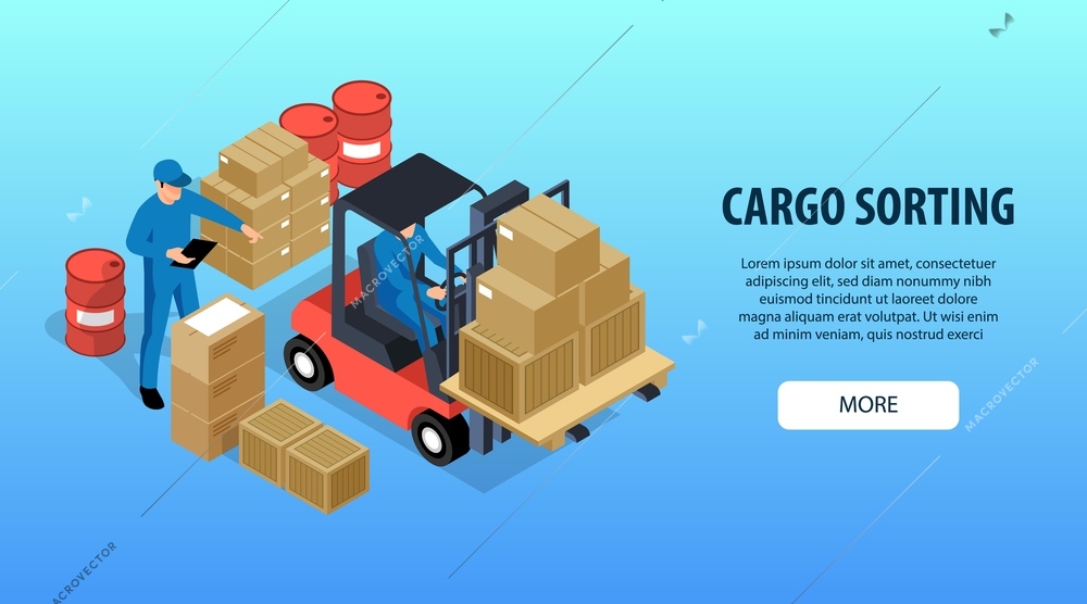 Cargo sorting horizontal banner with workers loading boxes and kegs with goods on forklift isometric vector illustration