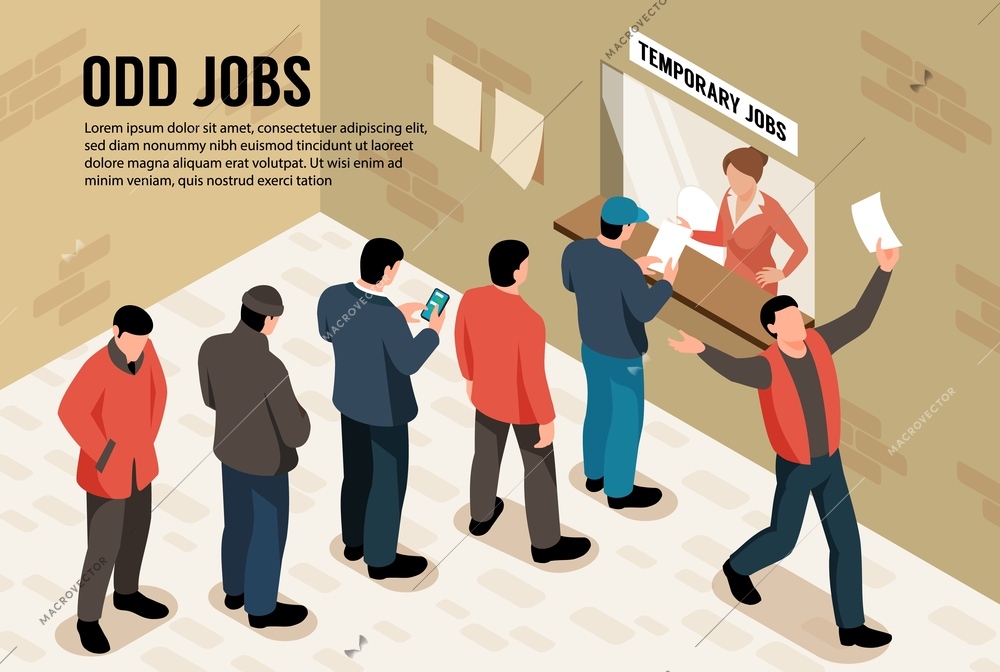 Odd jobs isometric background with group of male characters standing in queue for temporary work vector illustration