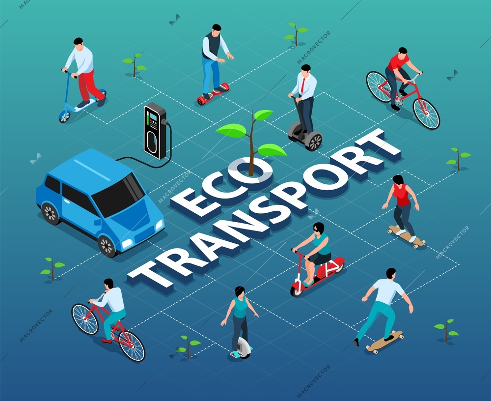 Eco transport isometric flowchart with people riding on skateboards bikes and scooters and electric car charging at charger station vector illustration