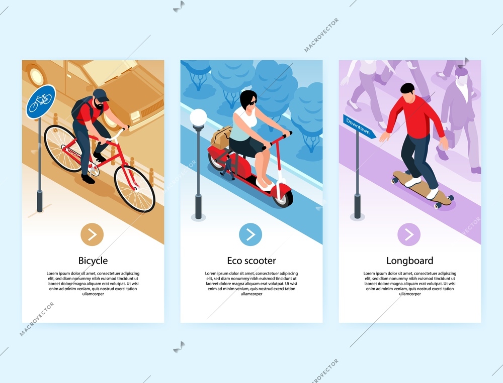 Eco transport three vertical banners  illustrated riding on bicycle eco scooter and longboard  isolated vector illustration