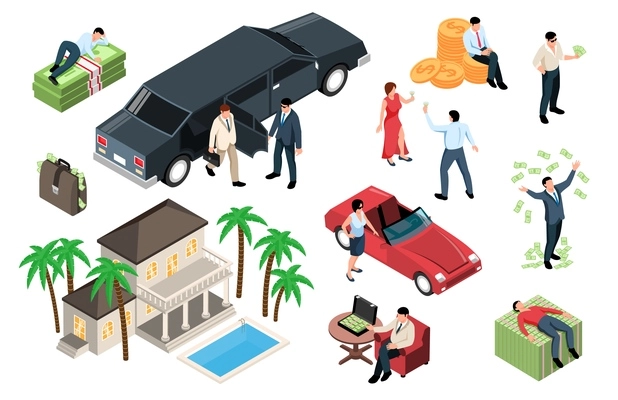 Rich people isometric icons set of expensive real estate luxury cars gold coins and green banknotes isolated vector illustration