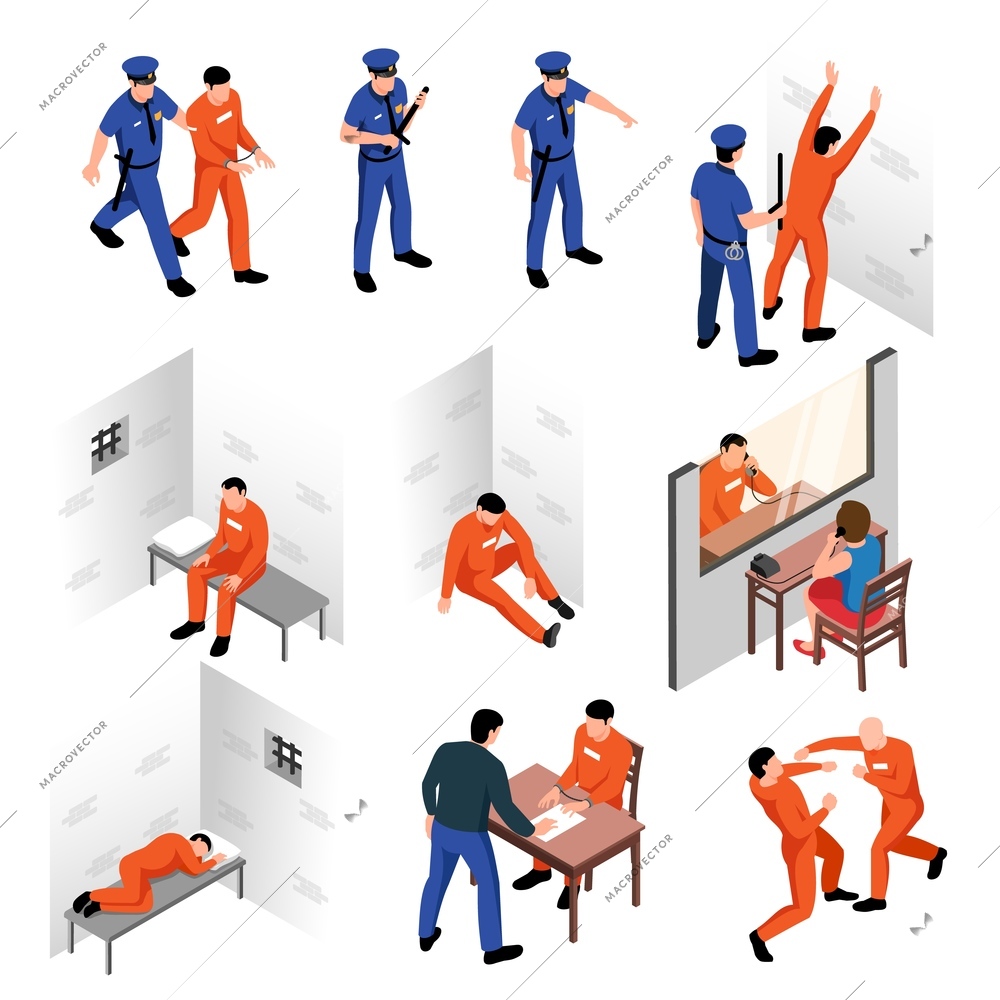 Prison isometric compositions set of arrested offenders guards inmates visitors investigator isolated vector illustration