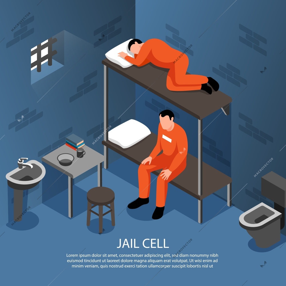 Jail cell interior background with metal bars on window toilet bowl sink and  two inmates on bunk bed isometric vector illustration