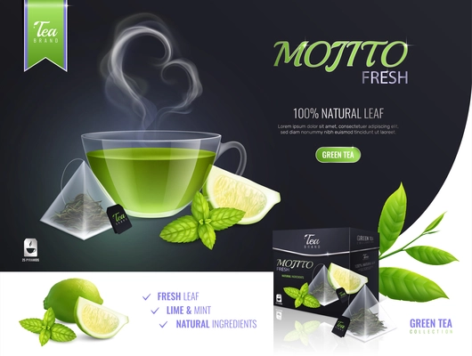 Tea brewing bag advertising composition with realistic images of lime slices mint leaves and product package vector illustration