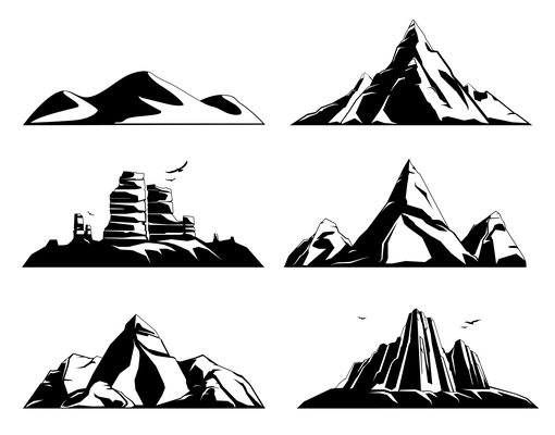 Mountains rocks landscapes monochrome set of flat images with isolated views of landmarks stones and birds vector illustration