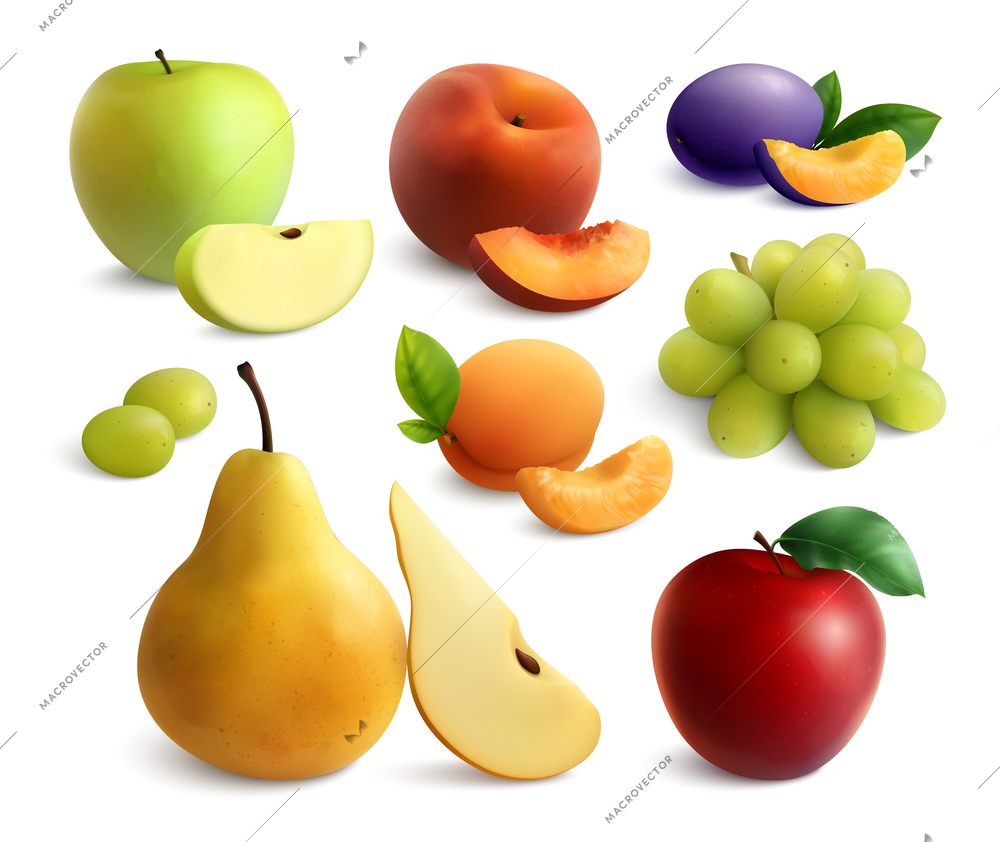 Fruits realistic set with isolated images of ripe fruits and berries with slices on blank background vector illustration