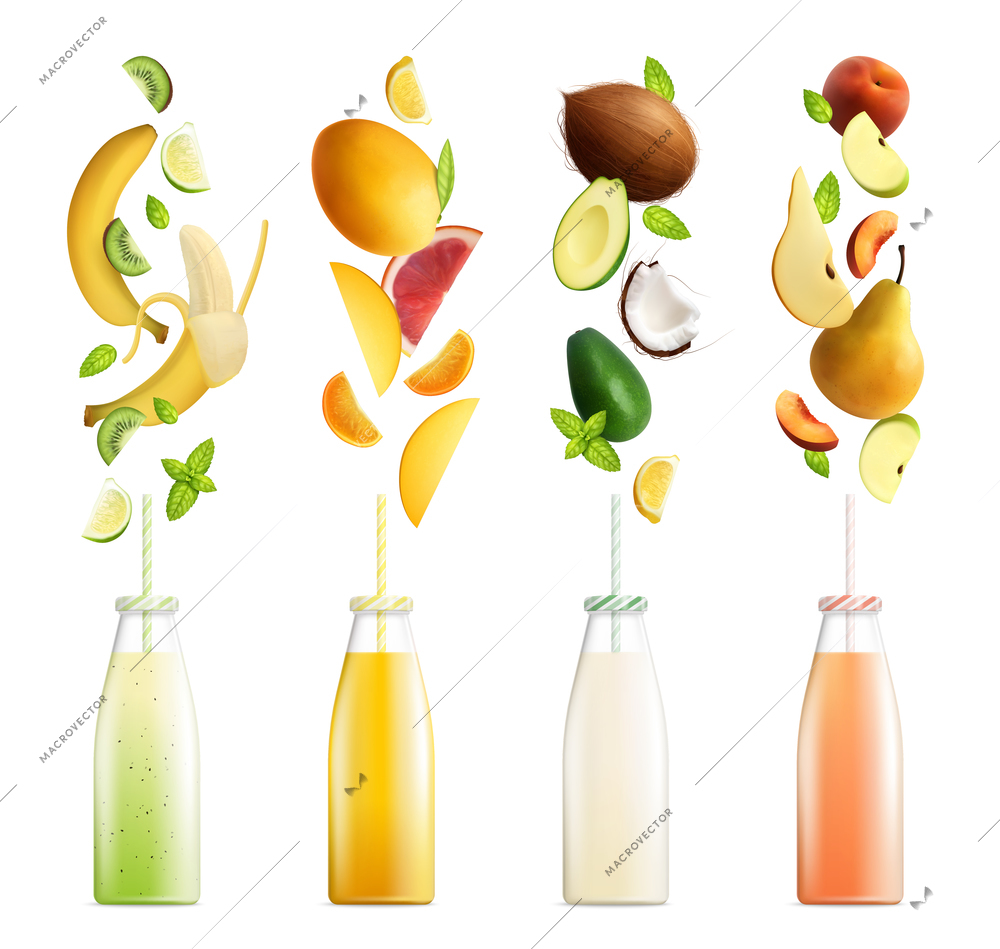 Fruits smoothies set of fruit cocktails realistic images with colourful bottles and slices on blank background