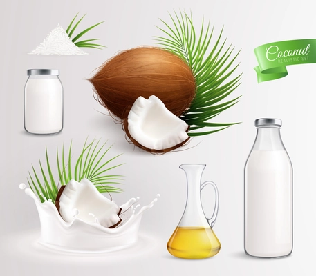 Coconut products set with realistic images of coconut fruits leaves oil and milk in glass bottles vector illustration