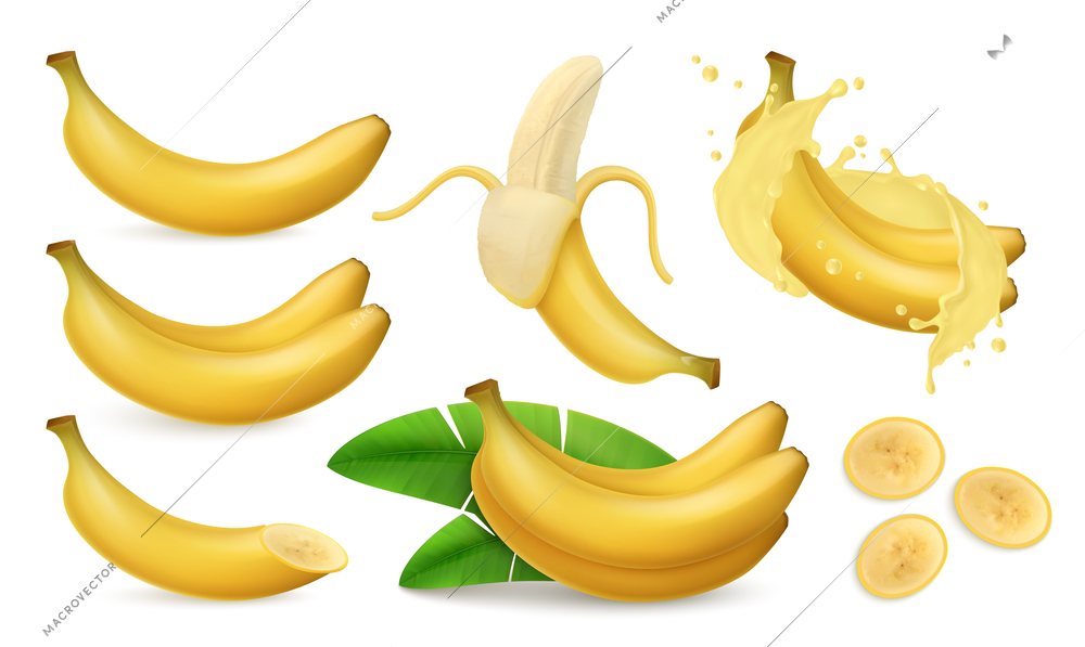 Banana set of realistic images with bunch of whole bananas leaves and slices with juice splashes vector illustration